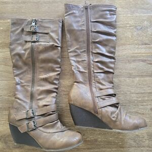 Blowfish Tan Wedge Knee-High Buckle Boots